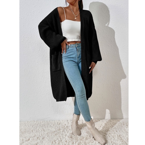 Black Duster Cardigan Front Pockets Cable Knit Long Sleeve Midi Length - Picture 2 of 8